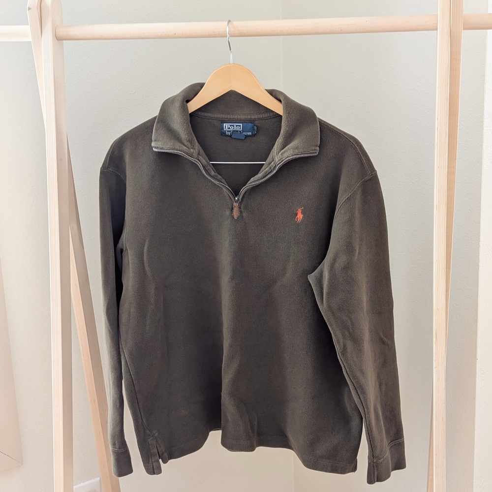 Vintage Polo Ralph Lauren Embroidered Logo Quarter Zip Henley In Olive Green - Picture 3 of 6